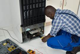 Maintenance staff member repairing a fridge.